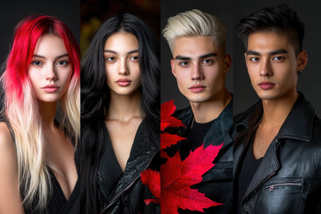 A group of five individuals, three men and two women, showcase their red hair and stylish black leather jackets in a striking urban setting.の素材