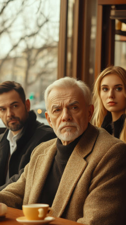 A diverse group of individuals gathered around a table, enjoying coffee and engaging in conversation, creating a warm and inviting atmosphere.の素材