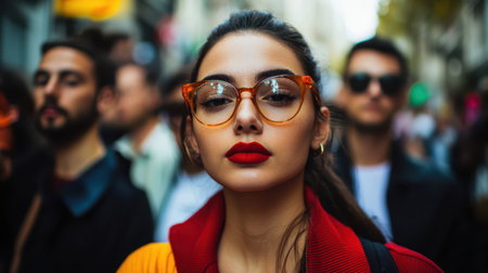 A woman wears glasses and a vibrant red scarf, showcasing a stylish look and confidence in her appearance.の素材
