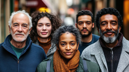 A diverse group of individuals gathers closely on the street, engaged in conversation and enjoying each other's company in a vibrant urban setting.の素材