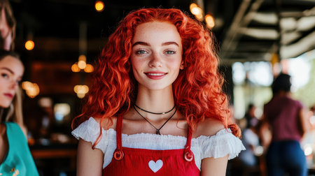 A woman with striking red hair wears a heart-shaped necklace, exuding charm and elegance in her demeanor.の素材