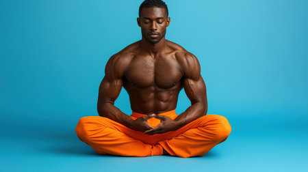A focused man sits calmly in a yoga pose, hands resting in his pockets, embodying tranquility and mindfulness in a serene environment.の素材