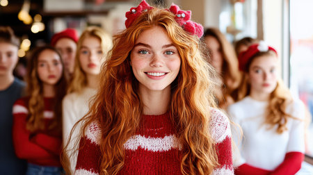 A woman with vibrant red hair elegantly adorned with a matching red bow, showcasing her striking features and confident demeanor.の素材