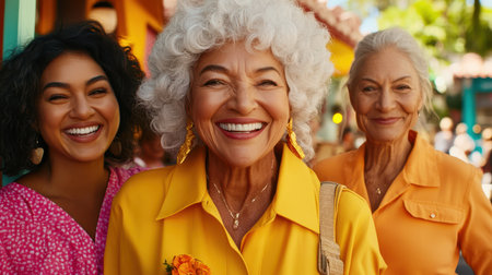 Three smiling women pose together for a cheerful photo, capturing a moment of friendship and joy in a lively atmosphere.の素材