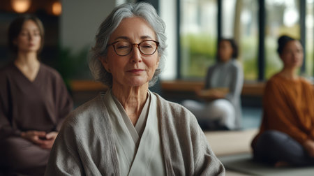 Three women are seated in a row within a well-lit room, engaged in conversation or reflection, creating an atmosphere of camaraderie and connection.の素材