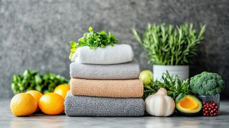 A close-up view of neatly stacked towels alongside a variety of fresh vegetables and fruits, showcasing a vibrant and organized arrangement.の素材