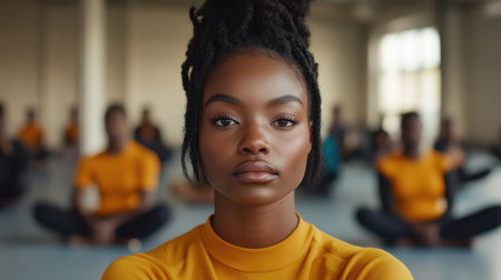 A woman in a yellow shirt participates in a yoga class, demonstrating focus and tranquility while surrounded by fellow practitioners in a serene environment.の素材