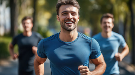 Two men are jogging side by side in a lush park, enjoying the fresh air and engaging in a healthy outdoor activity.の素材