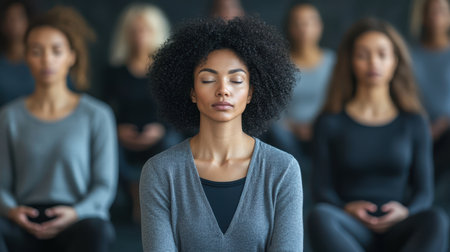 A serene woman meditates in the foreground, surrounded by other women who share a tranquil atmosphere and focus on mindfulness practice.の素材