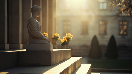 A statue is positioned on a step in front of a building, showcasing artistry and architectural detail in the surrounding environment.の素材