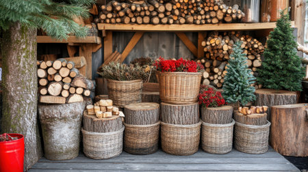 A variety of baskets filled with logs and tree segments are displayed prominently in front of a rustic store, showcasing natural wood products for sale.の素材