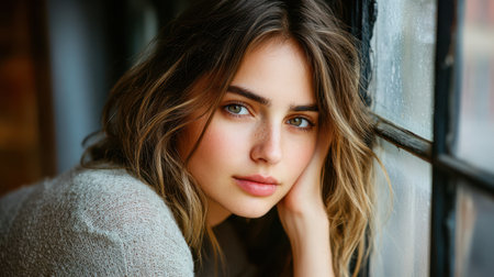 Arafed woman gazing out a window, her expression contemplative as she leans against the frame, creating an intimate connection with the viewer.の素材