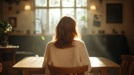 A woman in a hijab sits at a table, gazing thoughtfully out a window, embodying a moment of reflection and tranquility.の素材