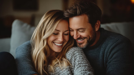 A joyful couple embraces on a cozy couch, showcasing love and affection through their smiles and warm interaction.の素材