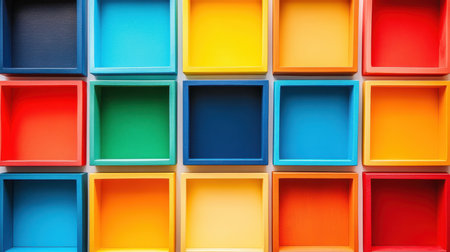 A series of vividly colored boxes neatly lined up on a clean white surface, creating a striking visual contrast and an organized appearance.の素材