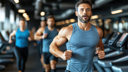 A focused man exercises on a treadmill in a gym, showcasing determination and fitness in a vibrant workout environment.の素材