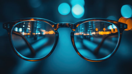 A pair of glasses rests on a wooden bench, showcasing their design and the surrounding environment in a serene outdoor setting.の素材