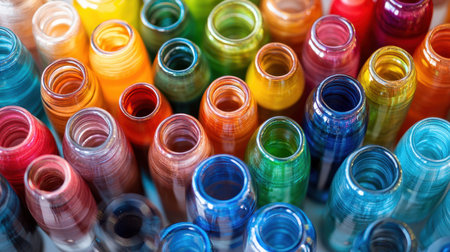 A vivid collection of assorted paint bottles showcasing vibrant colors and intricate designs, perfect for artistic projects and creative inspiration.の素材