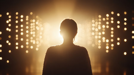 A woman poses confidently in front of a vibrant wall illuminated by an array of dazzling lights, creating a captivating visual backdrop.の素材