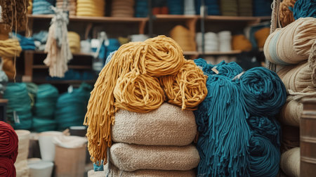 Colorful yarns and neatly arranged yarn balls create an organized display on a shelf, showcasing various textures and hues for creative projects.の素材