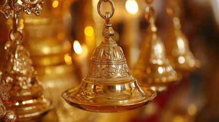 Numerous golden bells suspended from a shimmering gold chain create an elegant and festive display, showcasing craftsmanship and beauty in design.の素材