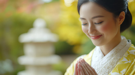 A woman in a yellow kimono is engaged in a prayerful pose, exuding serenity and spirituality in her traditional attire.の素材