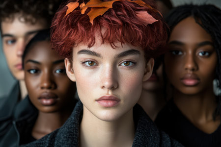 A diverse group of people stands together, featuring a woman adorned with a flower in her hair, symbolizing unity and celebration.の素材