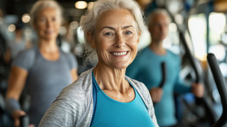 A cheerful woman exercises in a gym, surrounded by other fitness enthusiasts, showcasing a vibrant environment of health and motivation.の素材