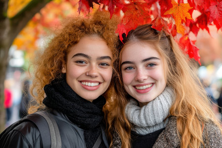 Two women stand gracefully beneath a tree adorned with vibrant red leaves, creating a picturesque autumn scene filled with warmth and beauty.の素材