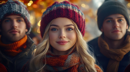 A stylish blond woman dons a red hat and scarf, surrounded by two men, showcasing a vibrant moment of camaraderie and fashion.の素材