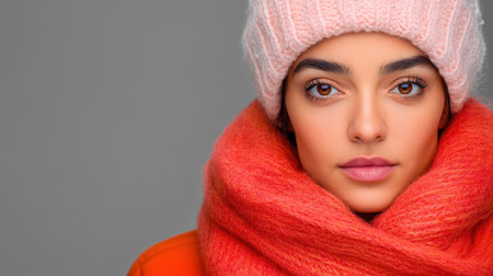 Arafed woman adorned in a pink hat and scarf, complemented by a red scarf wrapped around her neck, showcasing vibrant cultural attire.の素材