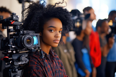 A woman wearing a hijab operates a camera and video equipment, capturing moments in front of an engaged audience during an event.の素材