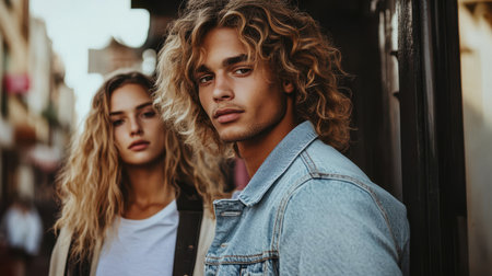 Arafed man and woman pose together on a bustling city street, showcasing urban life and cultural diversity in their attire and expressions.の素材