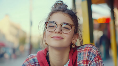 A woman in a red jacket and glasses exudes confidence, showcasing her stylish appearance and modern fashion sense in this captivating image.の素材