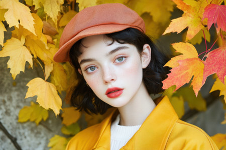 Arafed woman wearing a bright yellow coat and hat poses gracefully in front of a lush green tree, showcasing a vibrant and serene outdoor scene.の素材