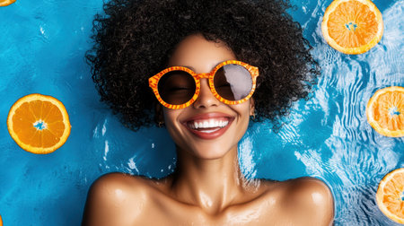 A cheerful woman wearing sunglasses enjoys a refreshing moment with orange slices floating in the water, radiating happiness and summer vibes.の素材