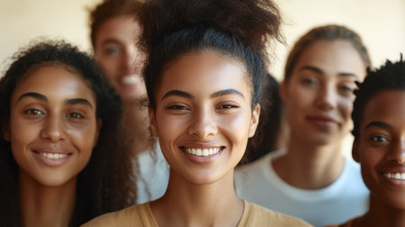 A cheerful woman stands out, smiling brightly, surrounded by a diverse group of people sharing a joyful moment in the background.の素材