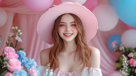 A graceful woman in a pink hat and dress striking a pose for a photo, radiating elegance and charm against a soft background.の素材