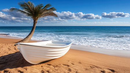A serene beach scene featuring a boat resting on the shore beside a swaying palm tree under a clear blue sky.の素材