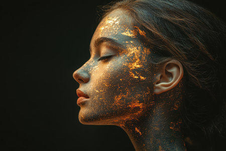 A striking image of a woman adorned with shimmering gold paint on her face and body, exuding an aura of elegance and artistic expression.の素材