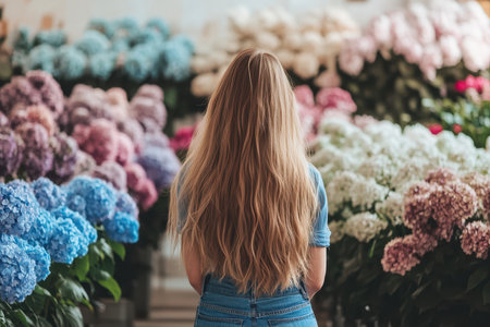 A woman stands gracefully before a vibrant display of flowers, showcasing their beauty and color in a serene outdoor setting.の素材