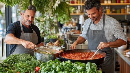 Two men wearing aprons are skillfully preparing food together in a large pan, showcasing a collaborative cooking experience.の素材