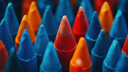 A vibrant close-up of colorful crayons displayed against a striking blue background, showcasing their rich hues and textures.の素材