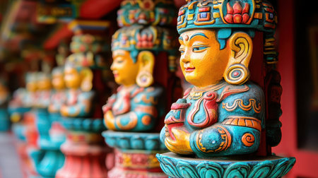 A vivid showcase of diverse statues featuring various colors and intricate designs, highlighting artistic expression and cultural significance.の素材