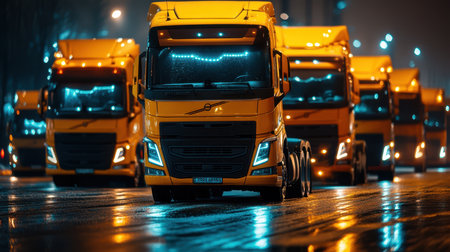A row of yellow trucks parked on a slick, reflective road illuminated by night lights, creating a striking urban nighttime scene.の素材