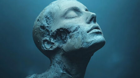 A frosty statue of a man showcases intricate details, with a face enveloped in icy patterns, highlighting the beauty of winter artistry.の素材