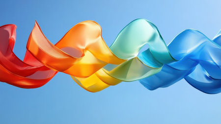 Four vibrant ribbons of different colors are displayed in a row against a clear blue sky, creating a striking visual contrast.の素材