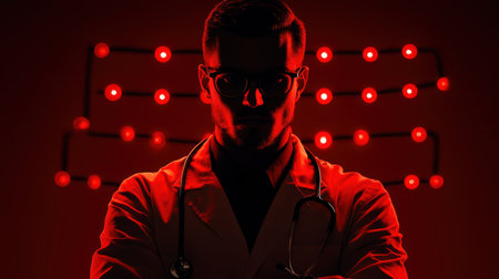 A focused man in a lab coat and glasses examines data, embodying professionalism and intellect in a scientific environment.の素材