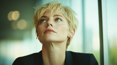 A young blond woman with short hair gazes thoughtfully upwards, intrigued by something in the distance, conveying curiosity and a sense of wonder.の素材