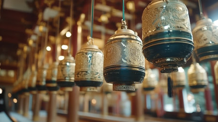 A multitude of decorative bells dangle elegantly from the ceiling in a spacious building, creating a captivating visual display.の素材